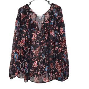 Boutique Plus Sheer Lace Detail Paisley Floral Print Long Sleeve Blouse Size 3X